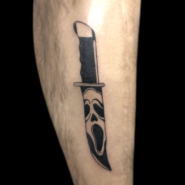 Piolo Tattoo Artist Blackwork Halloween Knife Ghost Leg Tattoo