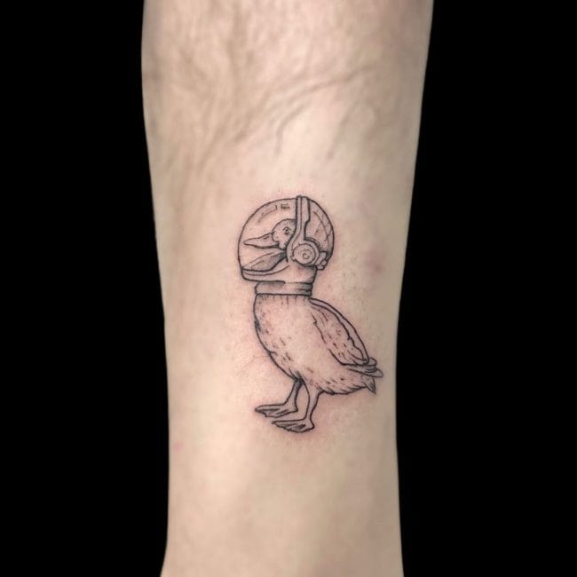 Piolo Tattoo Artist Fine Line Chicken Duck Astronaut Ankle Leg Tattoo
