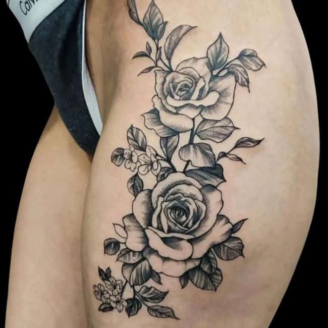 Piolo Tattoo Artist Realism Rose Flowers Thigh Leg Side Tattoo
