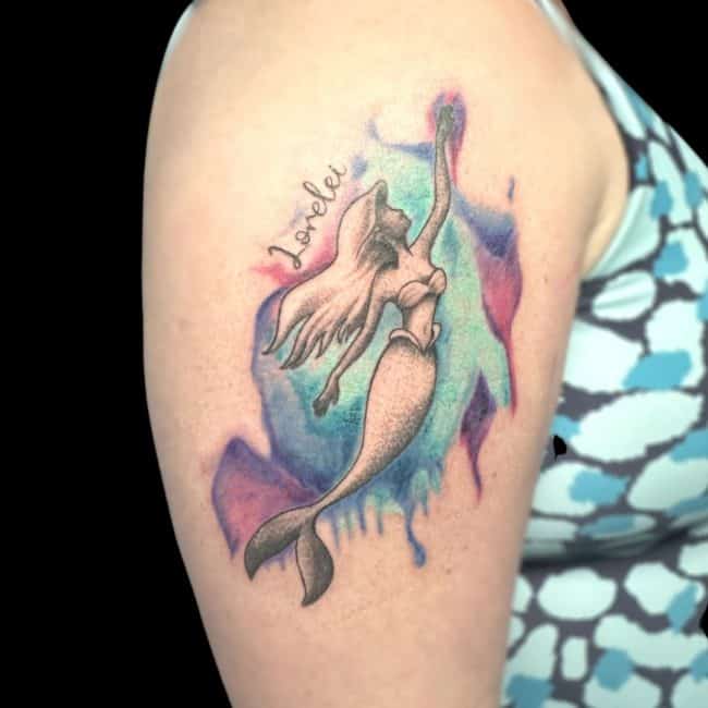 Piolo Tattoo Artist Watercolour Cartoon Ariel Mermaid Arm Tattoo