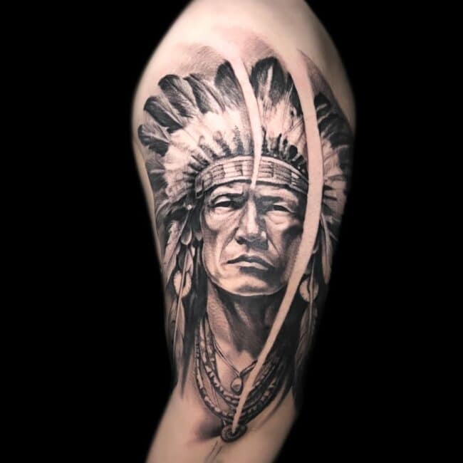 Rafael Tattoo Artist Realism Native American Handsome Tribesman Arm Tattoo