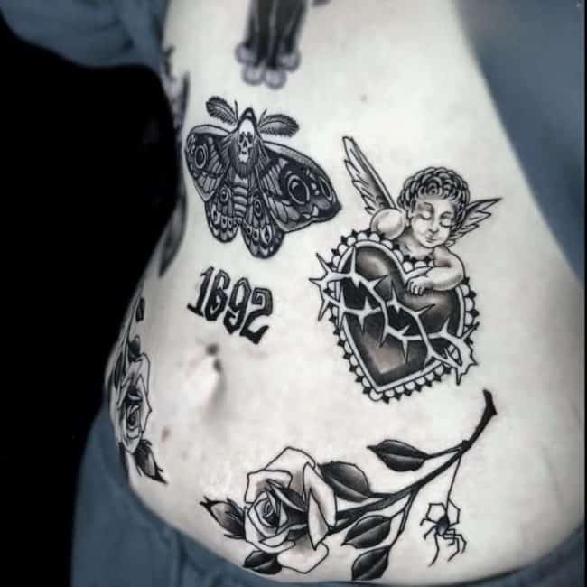 Rafael Tattoo Artist Variety Traditional Black and White Stomach Tattoos