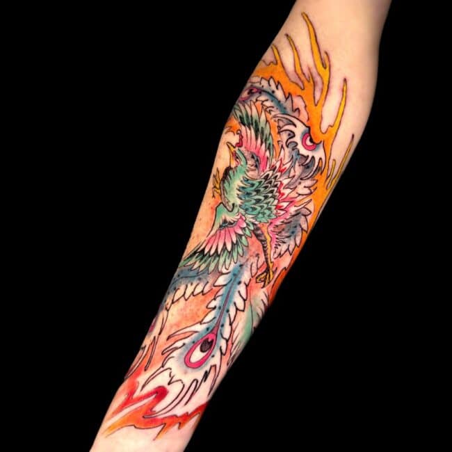 Rafael Zanette Tattoo Artist Colour Phoenix Peacock Fire Forearm Tattoo