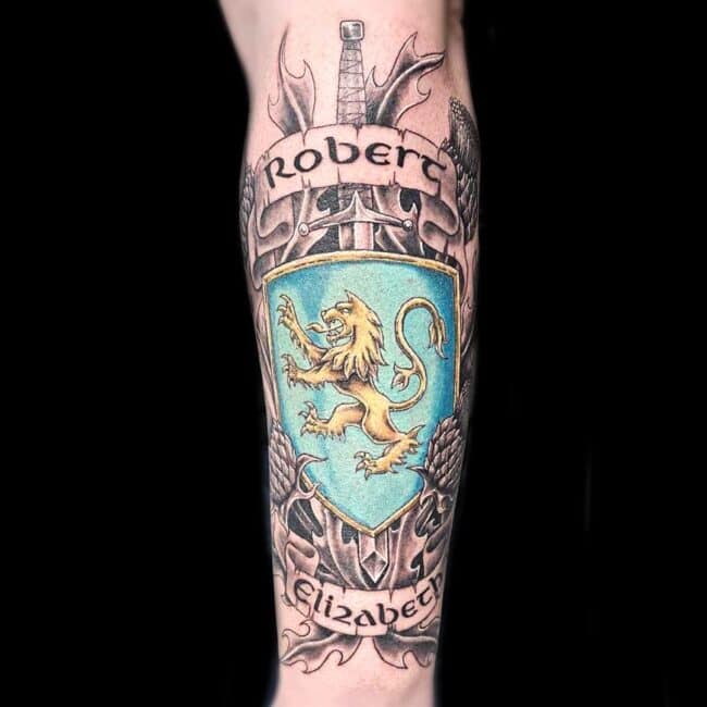 Raurie Tattoo Artist Colour Medieval Emblem Lion Forearm Tattoo