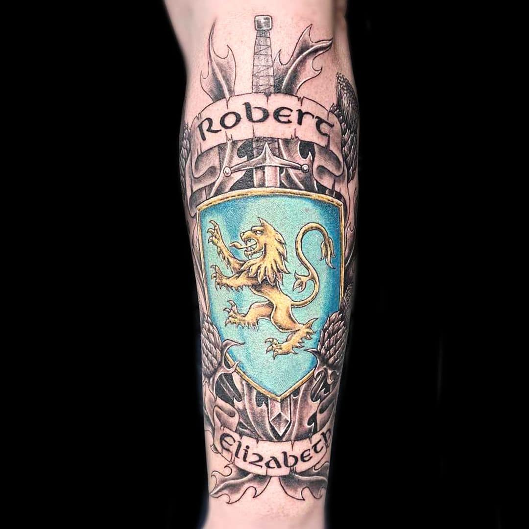 Raurie Tattoo Artist Colour Medieval Emblem Lion Forearm Tattoo