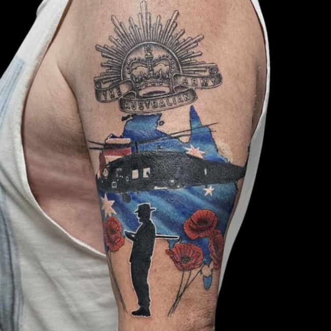 Raurie Tattoo Artist Colour National Realism Symbolism Australian Army Soldier Arm Tattoo