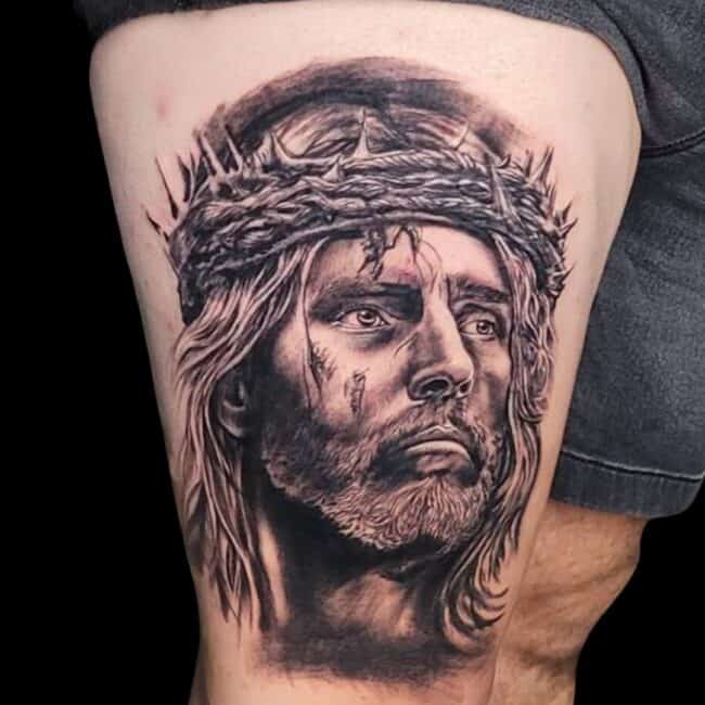 Raurie Tattoo Artist Portrait Realism Jesus Leg Tattoo