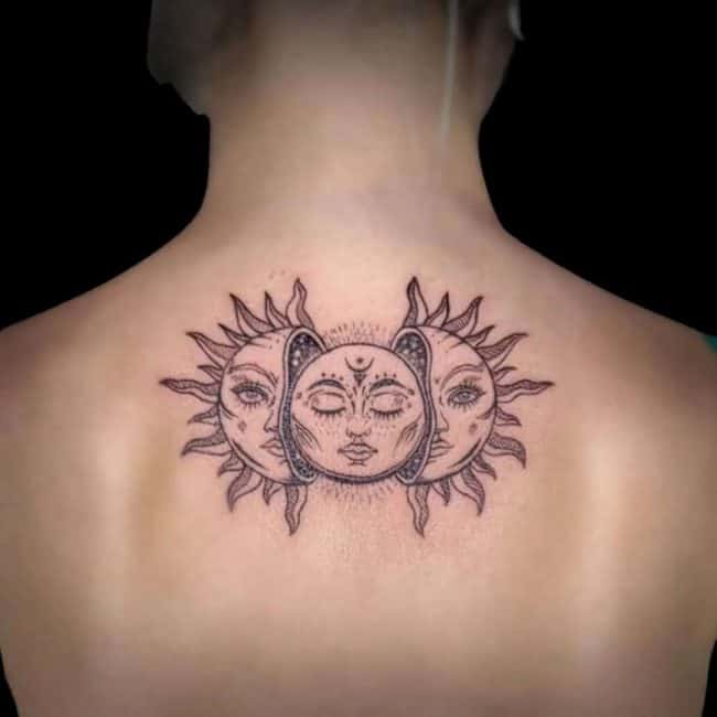 Raurie Tattoo Artist Realism Micro Fine Line Sun And Moon Back Tattoo