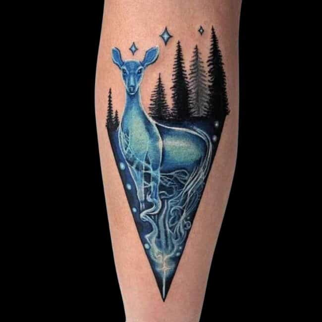 Raurie Tattoo Artist Watercolour Colour Animal Deer Forest Blue White Calf Tattoo