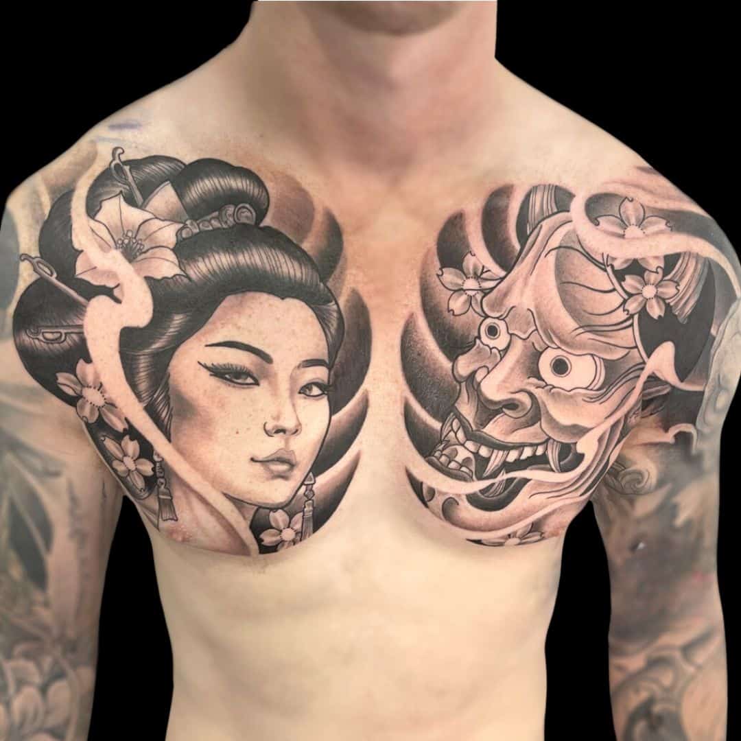 Rhys Sharp Tattoo Artist Japanese Portrait Woman Geisha Hannya Mask Chest Tattoo