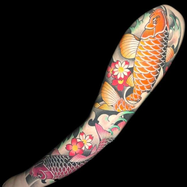 Rhys Sharp Tattoo Artist Japanese Sleeve Koi Fish Colour Arm Tattoo