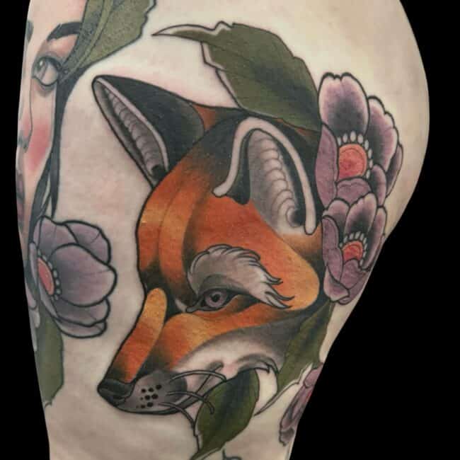 Rhys Sharp Tattoo Artist Neo Traditional Colour Fox Roses Leg Tattoo