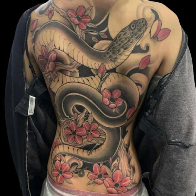 Rhys Sharp Tattoo Artist Neo Traditional Colour Japanese Snake Flowers Full Back Tattoo