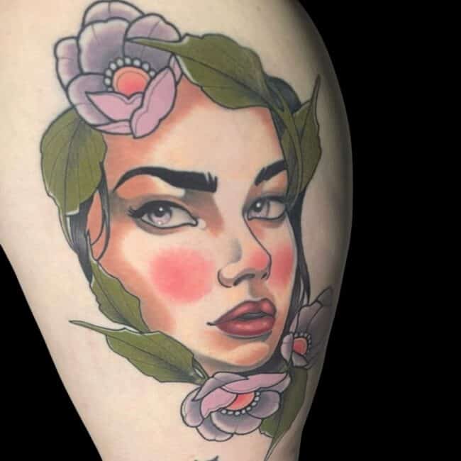 Rhys Sharp Tattoo Artist Neo Traditional Colour Lady Leg Tattoo