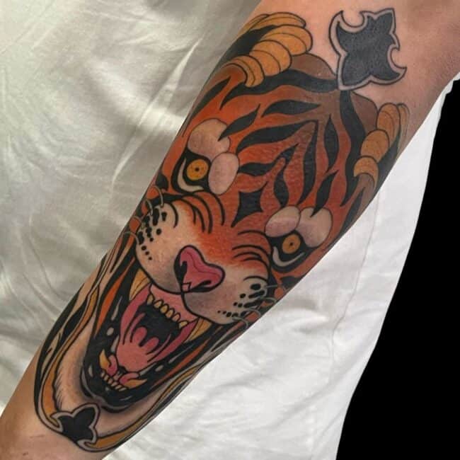 Rhys Sharp Tattoo Artist Neo Traditional Colour Tiger Forearm Tattoo