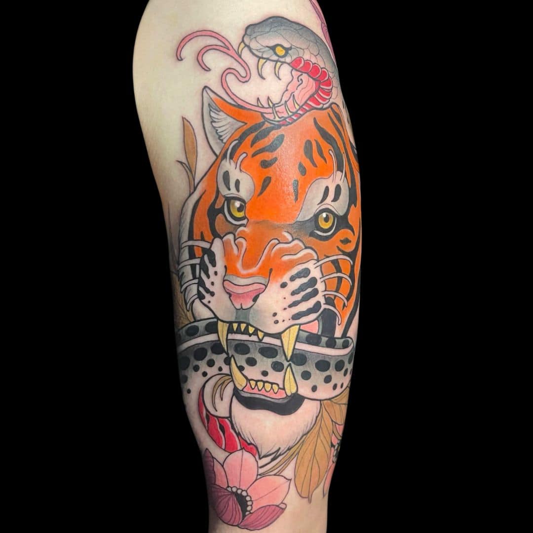 Rhys Sharp Tattoo Artist Tiger Snake Neo Traditional Colour Arm Tattoo