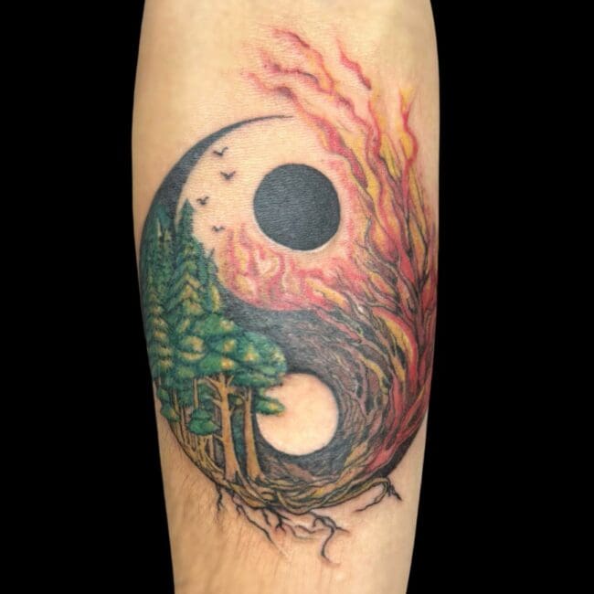 Sheela Tattoo Artist Neo Traditional Yin Yang Fire Forest Forearm Tattoo