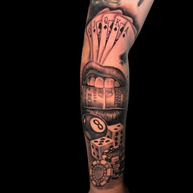 CJ Tattoo Artist Chicano Poker Chips Dice Forearm Tattoo
