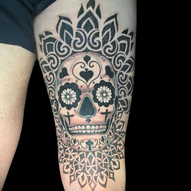 Thor Tattoo Artist Chicano Skull Mandala Symbolism Leg Tattoo
