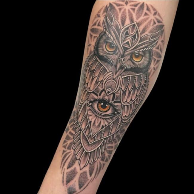 Corey Tattoo Artist Mandala Geometric Owl Colour Forearm Tattoo