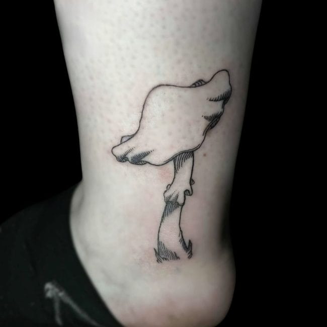 Jesse Tattoo Artist Fine Line Mushroom Ankle Tattoo