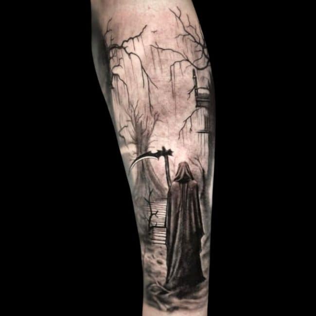 Josh Tattoo Artist Black And Grey Realism Death and Scythe Misty Forests Forearm Tattoo