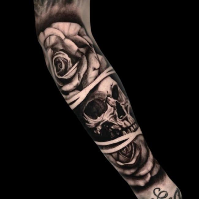 Josh Tattoo Artist Black And Grey Realism Skull Rose Wrap Around Forearm Tattoo