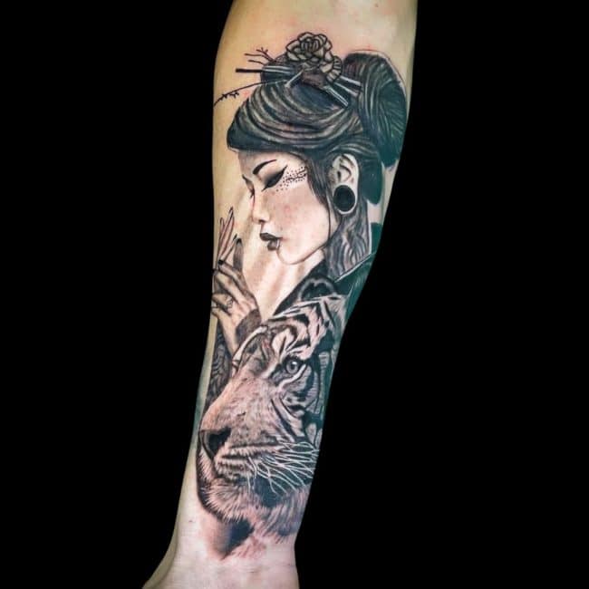 Josh Tattoo Artist Japanese Animal Realism Geisha Tiger Forearm Tattoo