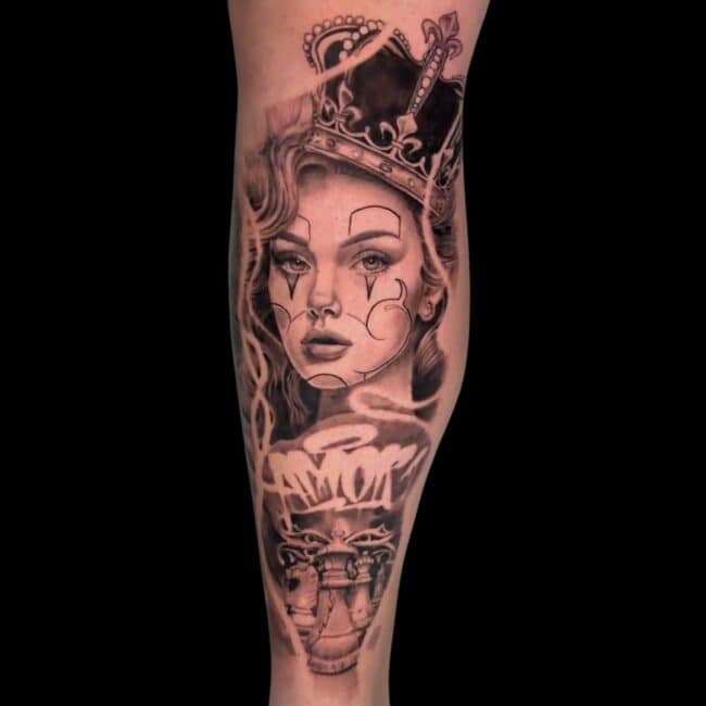 Ali Tattoo Artist Chicano Girl Queen Chess Portrait Leg Tattoo