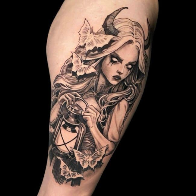 Ali Tattoo Artist Fine Line Devil Girl Leg Tattoo
