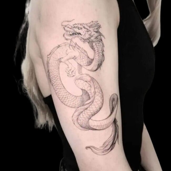 Fine Line Dragon Tattoo Woman Arm Delicate Lines