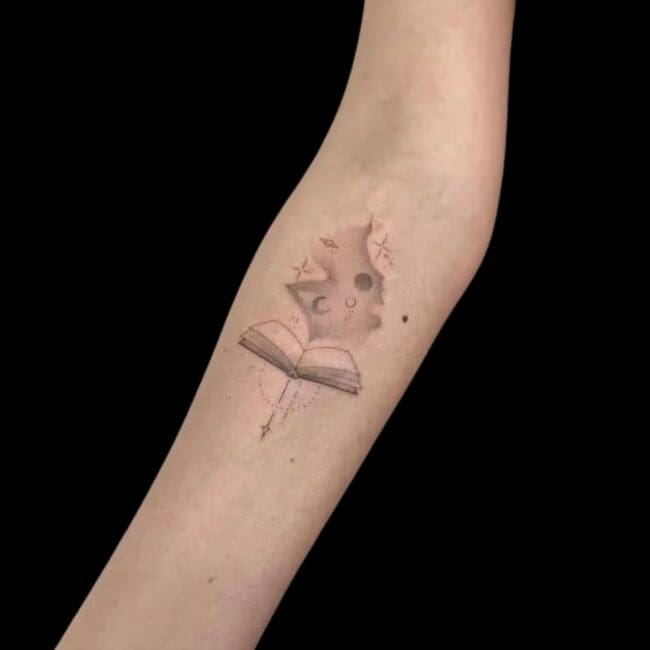 Fine Line Feminine Book Arm Tattoo