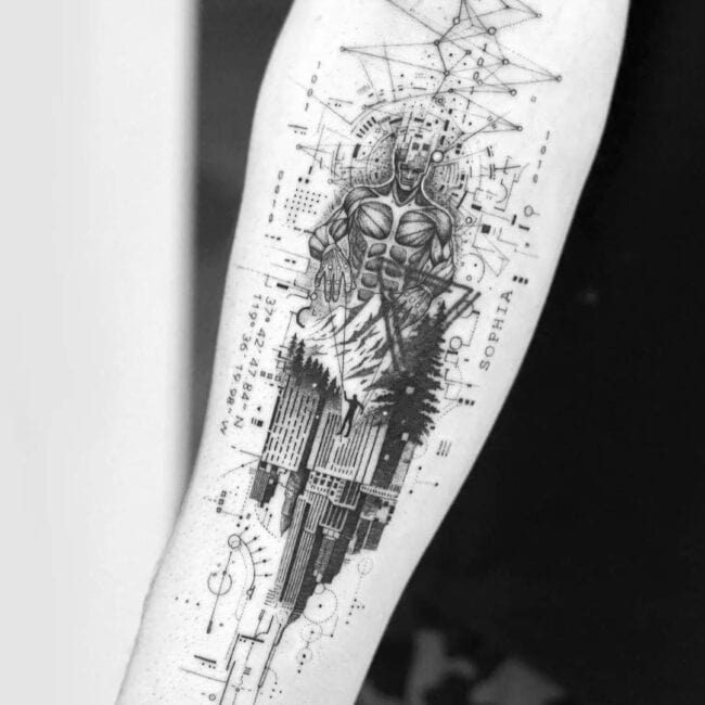 Geometric Fine Line Tattoo Man Machine Skyscraper Tattoo.jpg