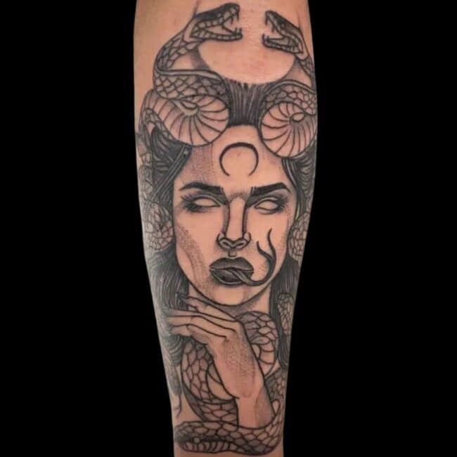 Isabella Tattoo Artist Neo Traditional Medusa Snake Woman Forearm Tattoo