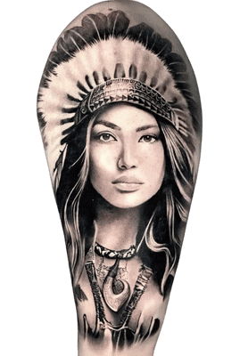 Penno Tattoo Artist Realism Native American Woman Feathers Tattoo