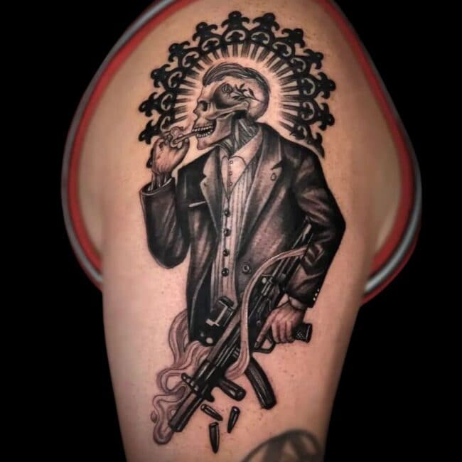 Pukaz Tattoo Artist Fine Line Gangster Holding A Gun Chicano Skull Arm Tattoo