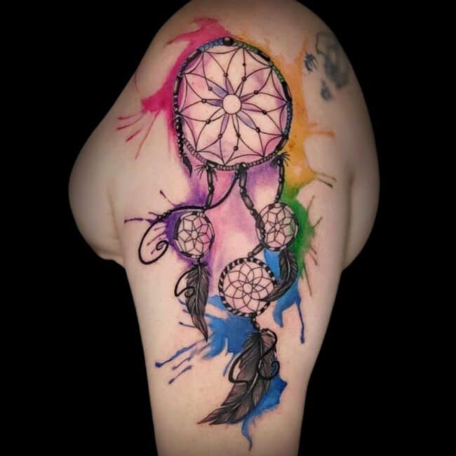 Pukaz Tattoo Artist Watercolour Fine line Dream Catcher Arm Tattoo