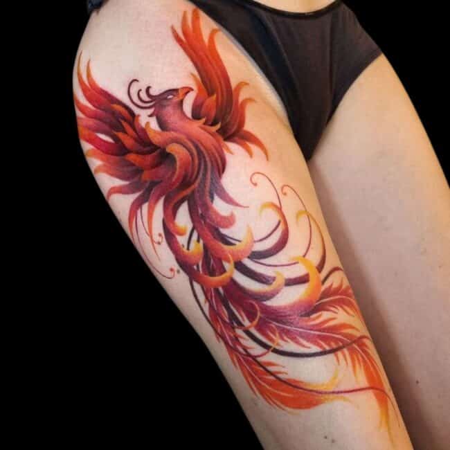 Phoenix Thigh Tattoo