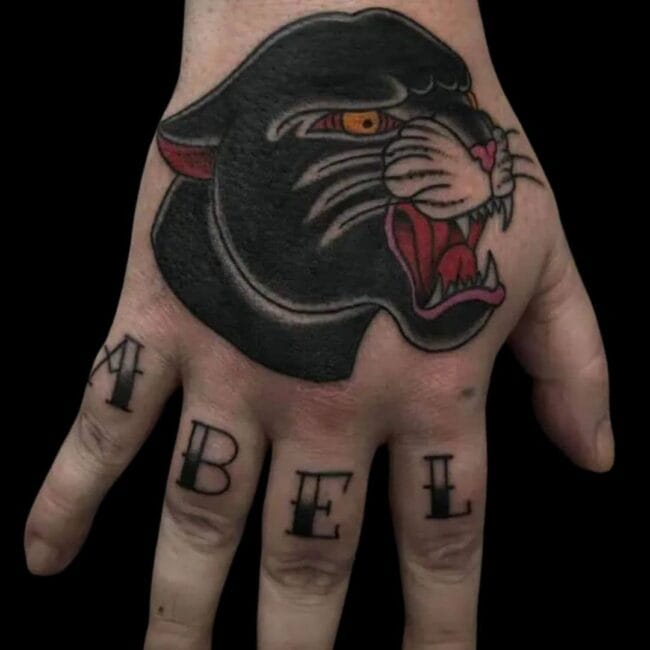 Isabella Tattoo Artist Traditional Black Panther Lettering Hand Tattoo