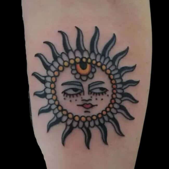 Isabella Tattoo Artist Traditional Colour Sun Forearm Tattoo