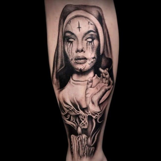 Tattoo Artist Tim Black And Grey Realism Nun Scary Forearm Tattoo