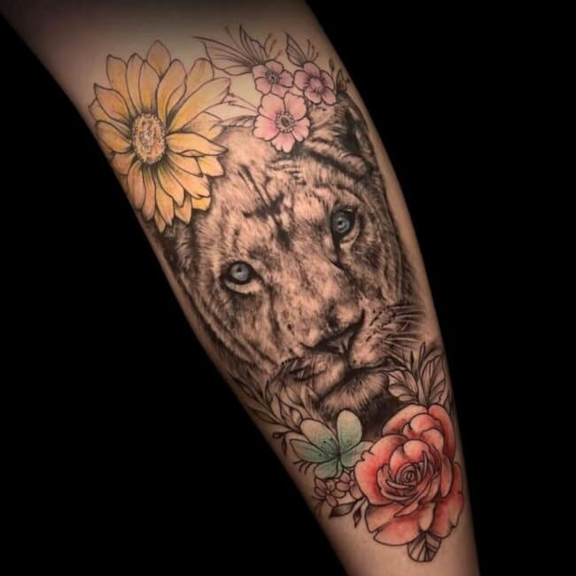 Tattoo Artist Tim Realism Floral Portrait Lion Colour Forearm Tattoo