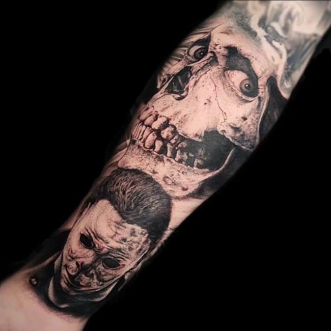 Tim Tattoo Artist Black And Grey Realism Horror Movie Skull Forearm Tattoo