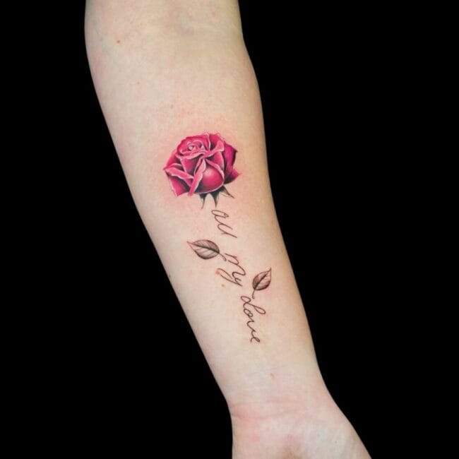 Juan Carvajal Tattoo Artist Rose Script Leaves Forearm Tattoo