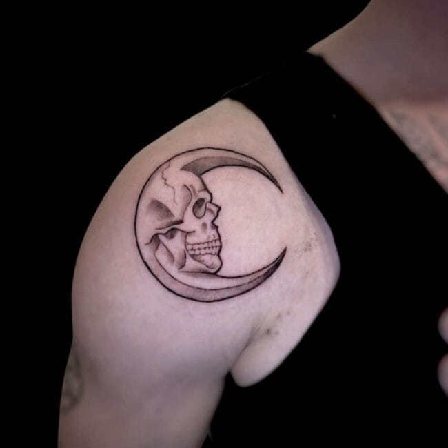 Simon Tattoo Artist Flash Skull Moon Crescent Shoulder Tattoo