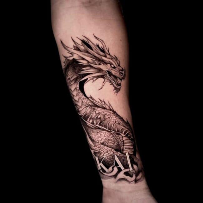 Simon Tattoo Artist Realism Dragon Lettering Forearm Tattoo
