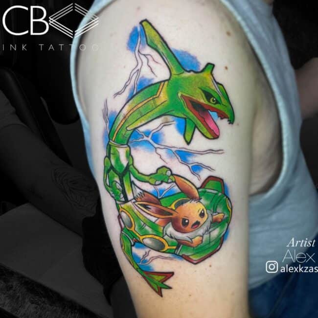 Alex Tattoo Artist Cartoon Anime Colour Rayquaza and Eevee Pokemon Blue Lightning Arm Tattoo