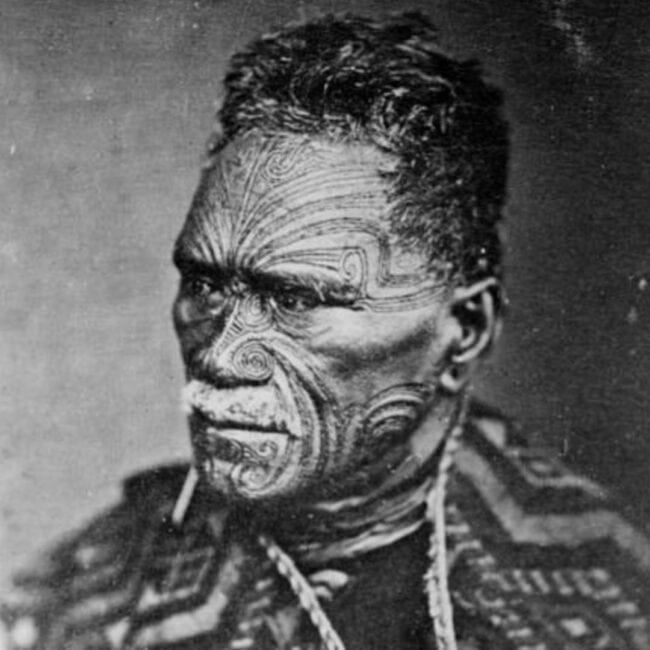 Ancient Polynesian Authentic Photo Man with Face Tattoos