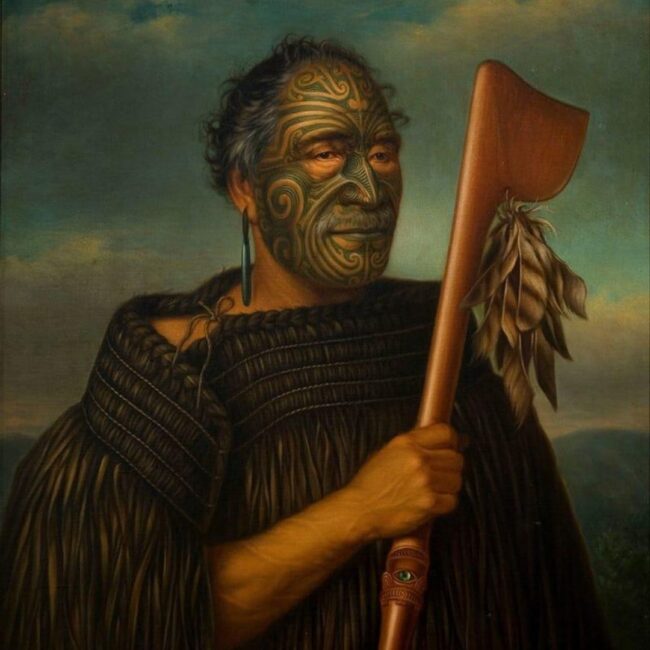 Ancient Polynesian Colour Drawing Man with Face Tattoos