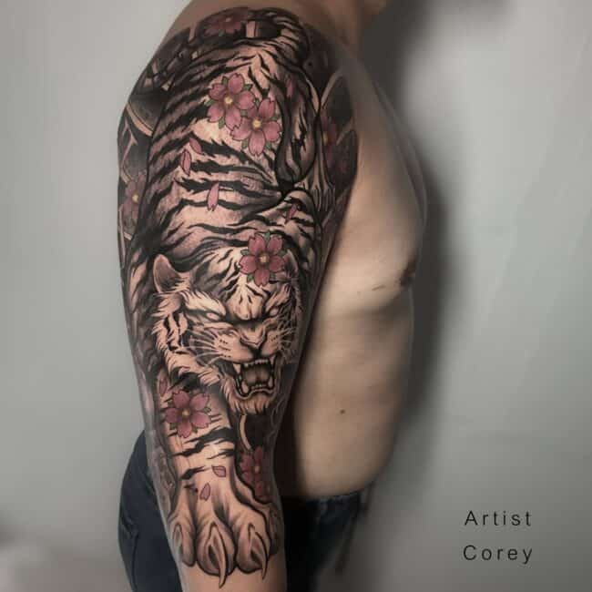 Artist Corey Inner Arm and Elbow Sleeve Traditional Neo Traditional Tiger Flowers Tattoo